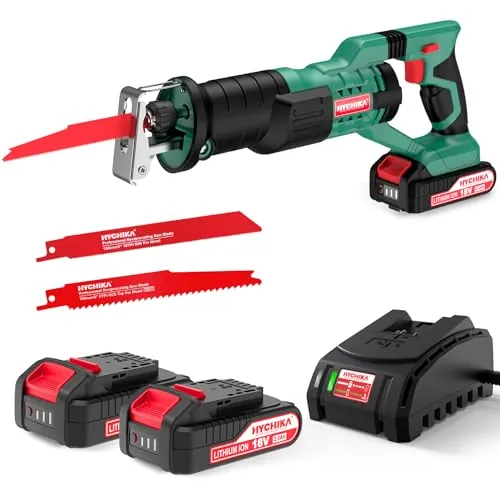 HYCHIKA 18V Sierra Sable Inalámbrica, Sierra Alternativa de 2 Baterías 2.0Ah, 0-2800 SPM, 2 Hojas de sierra, Cargador Rápido, Luces LED, Ideal para Cortar Madera y Metal