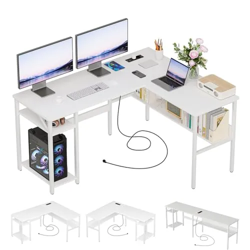 Homieasy Escritorio en L 128cm con Enchufes USB y Type-C,Blanco | Escritorio de Esquina Reversible, Soporte para CPU, Mesa Gaming Salvaspazio, Madera y Metal, Habitaciones Pequeñas