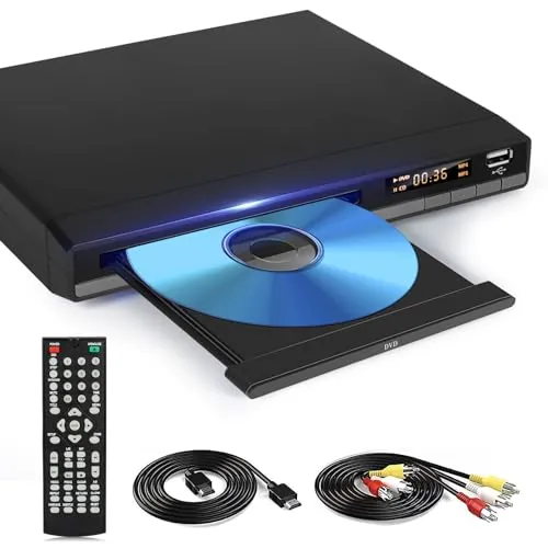 Reproductor de DVD con Puerto HDMI, Reproductores de DVD Regionales Gratuitos para Smart TV, Cable de Salida HDMI/RCA Incluido, Memoria de Pausa, PAL/NTSC Incorporado, Reproductores de CD(no BLU-Ray)