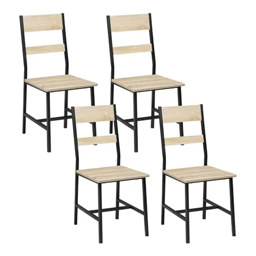 Klihome Juego de 4 Sillas de Comedor,Roble Claro | Estructura Metálica y Madera, Ergonómicas para Salón, Cocina, Balcón, Estilo Industrial