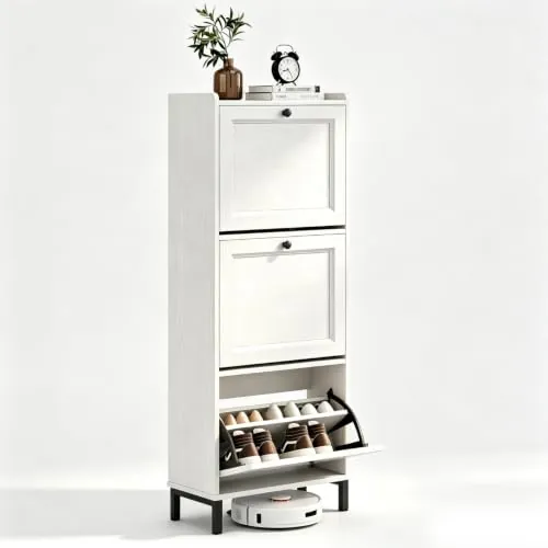Blishom Armario Estrecho para Zapatos, Mueble Zapatero con 3 Puertas Abatibles con Estantes Ajustables, para 12-18 Pares, para Entrada o Espacios Pequeños, 50x24x130 cm, Blanco
