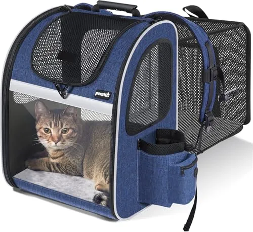 Pecute Transportin Gato Mochilas para Gatos y Perro Bolsa para Mascotas Expandible y Plegable, Carga Máxima 6 kg, para Viajar en Tren/automóvil/Restaurante (Azul, Ventana Transparente)