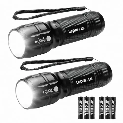 Lighting EVER Lepro Linterna LED Alta Potencia LE1000, Linterna LED Portátil con Zoom, IPX4 Impermeable Linterna Táctica Militar para Ciclismo, Camping, Senderismo etc. 3 AAA Pilas Incluidas【2 PACK】