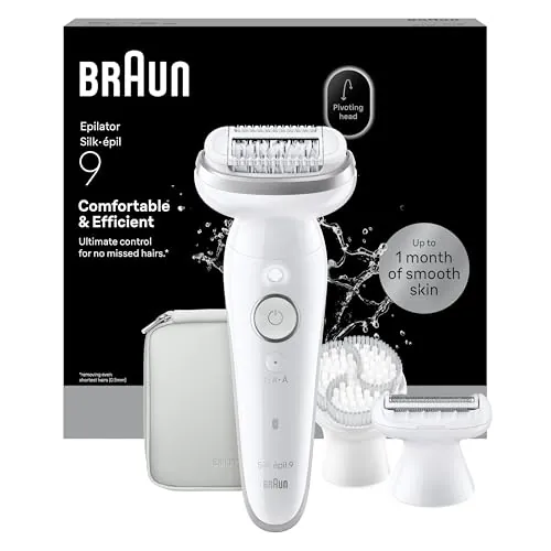 Braun Depiladora Eléctrica Mujer Silk·épil 9, Depiladora Corporal con Peine Recortador, Cepillo Exfoliante Y Funda, Resistente al Agua, Depila, Rasura Y Recorta,, Depilación Suave Duradera, 9-061
