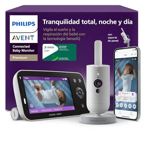 PHILIPS Avent Vigilabebés Premium con App - Cámara HD de 1080 píxeles, Seguimiento del sueño y la respiración con IA, traducción del llanto, Certificado DEKRA, Montaje en Pared, SCD974/26
