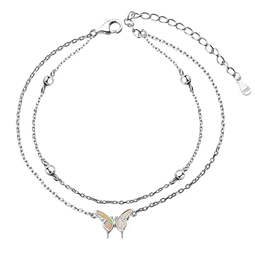 LINSTER Tobillera de mariposa para mujer, pulsera de tobillo de pie ajustable en capas de ópalo de plata de ley 925, regalos de joyería de playa para mujer