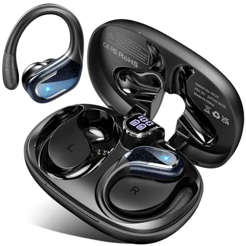 Auriculare Inalámbricos Deportivos, 75H Auriculares Bluetooth 5.4 Cancelacion Ruido ENC Mic, HiFi Estéreo, Cascos Inalambricos Bluetooth IPX8 Impermeable, Cascos Inalámbricos con Pantalla LED, Negro