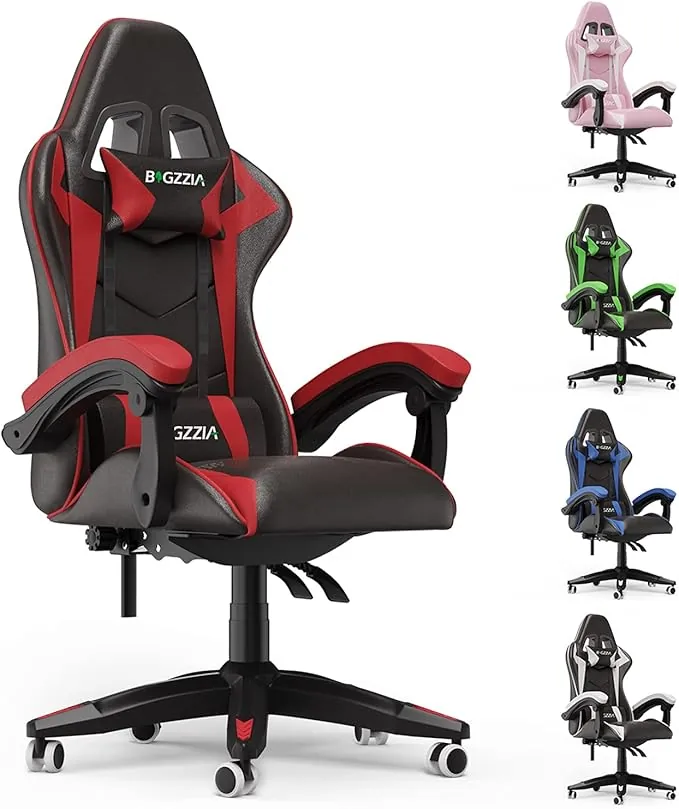 bigzzia Silla Gaming,Silla Ergonómica de Oficina en Cuero PU,Regulable en Altura con Soporte Lumbar y Reposacabezas,Respaldo Reclinable 155°,Silla Gamer Adulto Niño(Rojo)