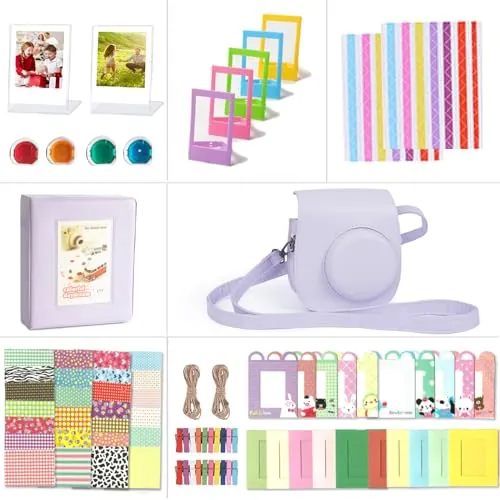 Riosin Accesorios compatibles con la Cámara Fujifilm Instax Mini 12, incluidos Funda Mini 12, álbumes, Filtros, Marcos y Pegatinas (Lila púrpura)