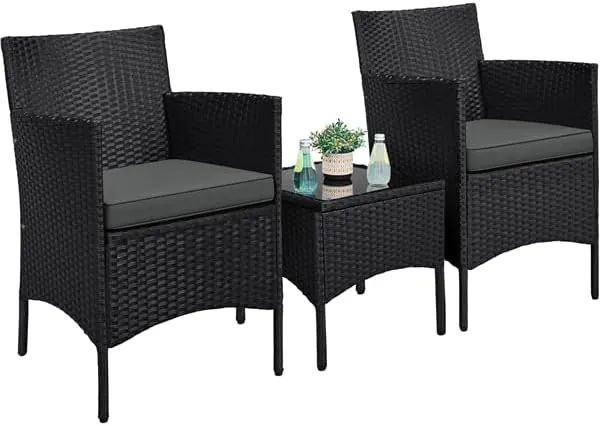 Yaheetech Conjunto de Muebles de Jardín Exterior Muebles Terraza con Cojines Juego de Sillas Ratán PE y Mesa de Vidrio para Balcon Negro