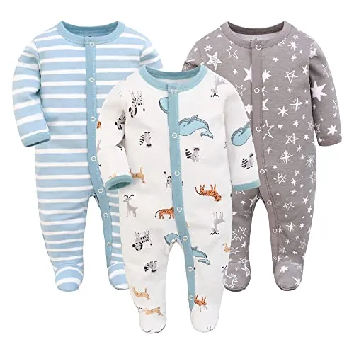 Miracle Baby 3 Piezas Mamelucos para bebés Pijama de bebé Saco de Dormir de algodón con pies con Botones Gr.56 62 68 para niñas recién Nacidas