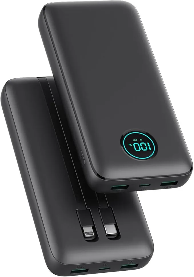 Power Bank 26800mAh con Cable, PD 25W QC4.0 Carga Rápida Batería Externa USB C, 5 Salidas Bateria Portatil con Pantalla LCD Cargador Portátil para iPhone 16/15/14, Samsung Huawei (Negro)
