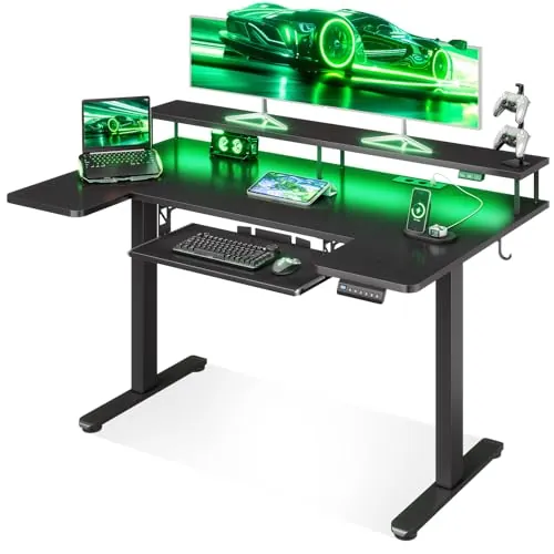 OffiGo Escritorio Gaming Regulable en Altura con LED 120×74 cm, Negro