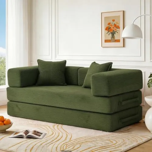 Vipbear Sofá Cama Plegable 5 en 1 de 160 cm,Modular 2 Plazas de Pana,Verde | Sofá Modular sin Armazón,Convertible en Cama con Espuma Viscoelástica,Ideal para salón,Dormitorio e invitados