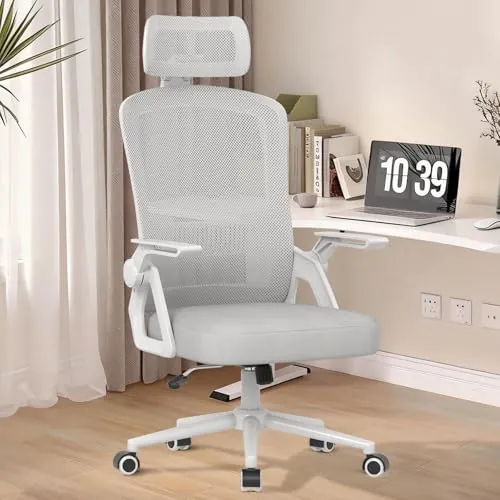 naspaluro Silla de Oficina Ergonómica, con Reposacabezas Ajustable, Reposabrazos Abatibles, Silla de Escritorio Giratoria con Soporte Lumbar, Respaldo Transpirable, Gris