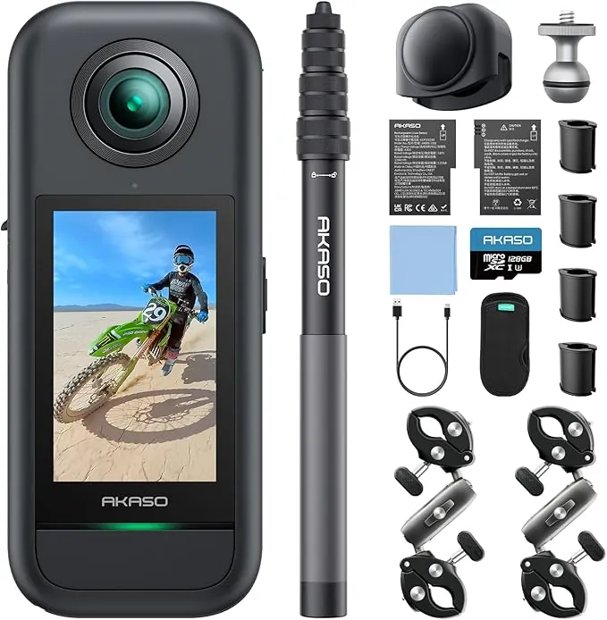 AKASO 360 Cámara de acción 360 Kit de Moto, con 128GB Tarjeta de Memoria, Sensor de 1/2", 5.7K 360, Fotos 72MP, Pantalla táctil de 2.29", Cámara Deportiva 360