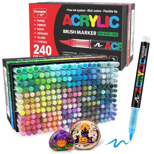 Guangna 240 marcadores de pintura acrílica, punta de pincel, tinta impermeable de secado rápido, para pintura de roca, plástico, madera, lienzo, vidrio, cerámica, metal, manualidades, suministros de