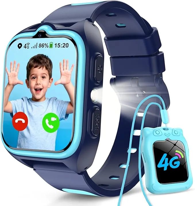Reloj Inteligente Niño 4G, Smartwatch Niños con GPS, Videollamadas, Chat de Voz, Ilamadas, Modo Escuela, SOS, 1.75" Smartwatch con Linterna, Funda de Silicona Suave, Batería Grande de 800 mAh
