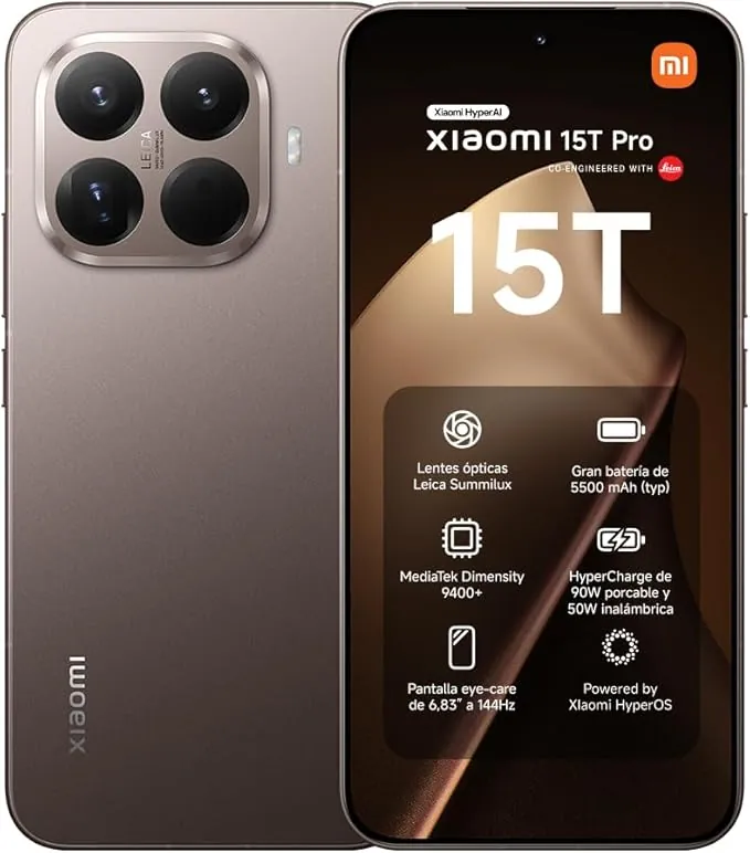 XIAOMI 15T Pro - Smartphone de 12+512GB, Lente óptica Leica Summilux, MediaTek Dimensity 9400+, Pantalla Eye Care de 6,83" 144 Hz, HyperCharge de 90W, Cargador no Incluido, Mocha Gold (Versión ES)