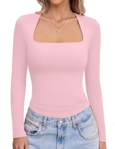 Aottori Camiseta Mujer Manga Larga Cuello Cuadrado Ajustada Rosa M