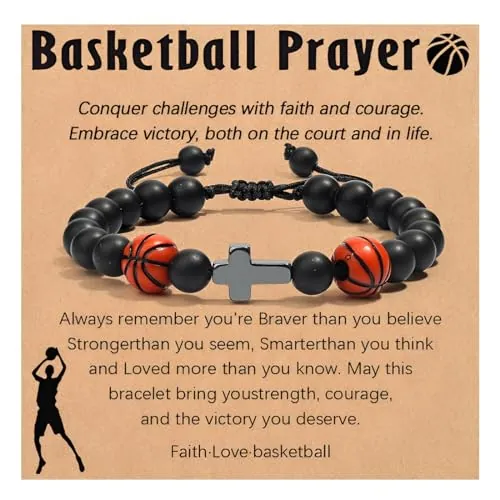 Luxorium Pulsera de Cruz para Niños - Regalo de Comunión con Diseño de Baloncesto, Ajustable, de Piedras Naturales - Ideal para Hijo, Nieto, Sobrino o Hermano