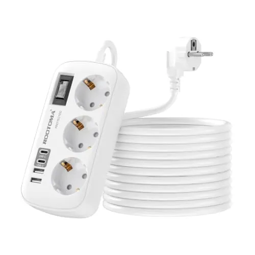 Regleta Alargador de 5 Metros con Interruptor, 3 Tomas 4 USB