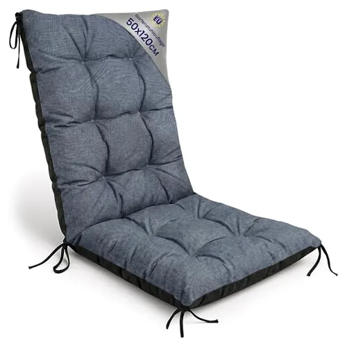 Amazinggirl Cojines para Sillas de Terraza – 50x120 cm Cojín Silla Exterior | Respaldo Alto Jardín Jardin Acolchado Grueso 10 cm con Cintas Largas · Vaquero Efecto lino