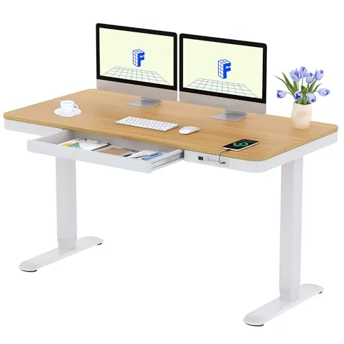FLEXISPOT Q3 Escritorio Elevable Escritorio con Tablero Entero, Standing Desk, Mesa de Elevable con Función de USB Y Táctil, Tocador con Cajón 140x70cm (Arce)