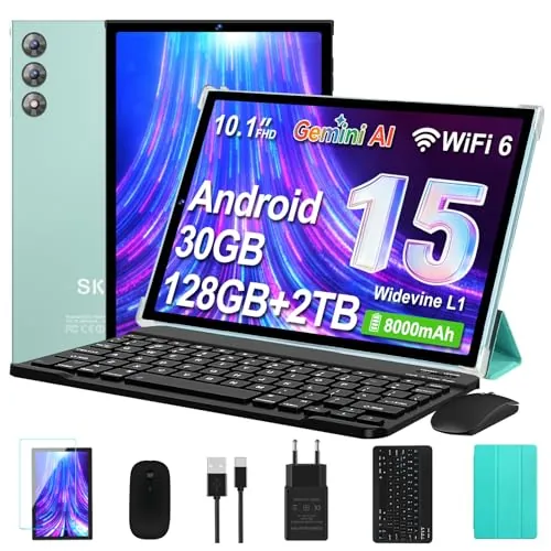 SKYEGG Tablet 10 Pulgadas Android 15 con Gemini AI, 30GB RAM + 128GB ROM Ampliable 2TB, Octa-Core, WiFi 6, Widevine L1, Batería 8000mAh, Cámara 8/5 MP, Teclado, Ratón y Funda, Cuerpo Metálico - Verde