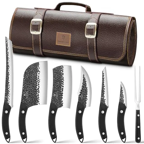 SANMEIHO Set de Cuchillos de Carnicero, 8 Piezas, con Bolsa Portacuchillos | Set de Cuchillos Japoneses, Cuchillo de Chef Forjado a Mano, Cuchillo Carnicero Afilado, Camping y Barbacoa, Regalo Hombres