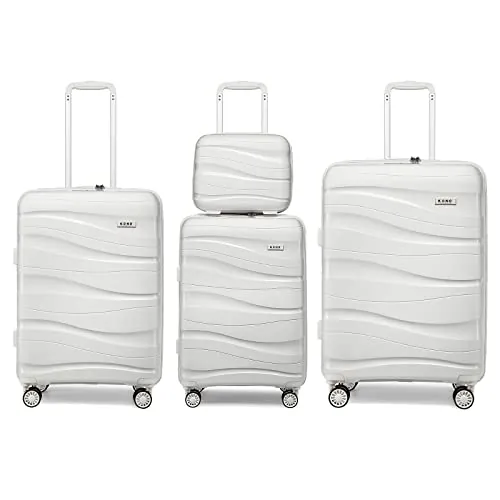 Kono Set de 4 Piezas de Equipaje de Mano, maletín Mediano y Grande con Neceser de Polipropileno rígido, maletín con 4 Ruedas y candado TSA (Crema Blanco)