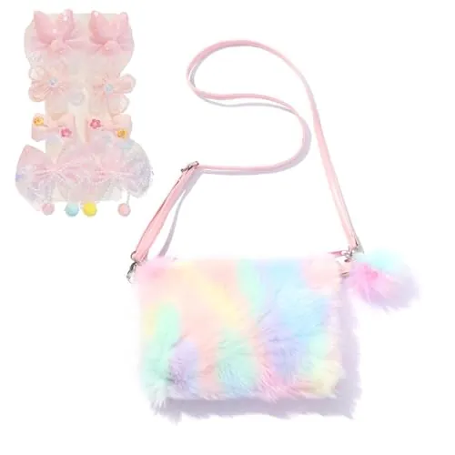 GWAWG Bolso de hombro de felpa para niños, niñas con arcoíris, pequeños regalos para niñas y 8 piezas de lazos rosas, bolso de hombro práctico para niñas, regalos de cumpleaños para chicas
