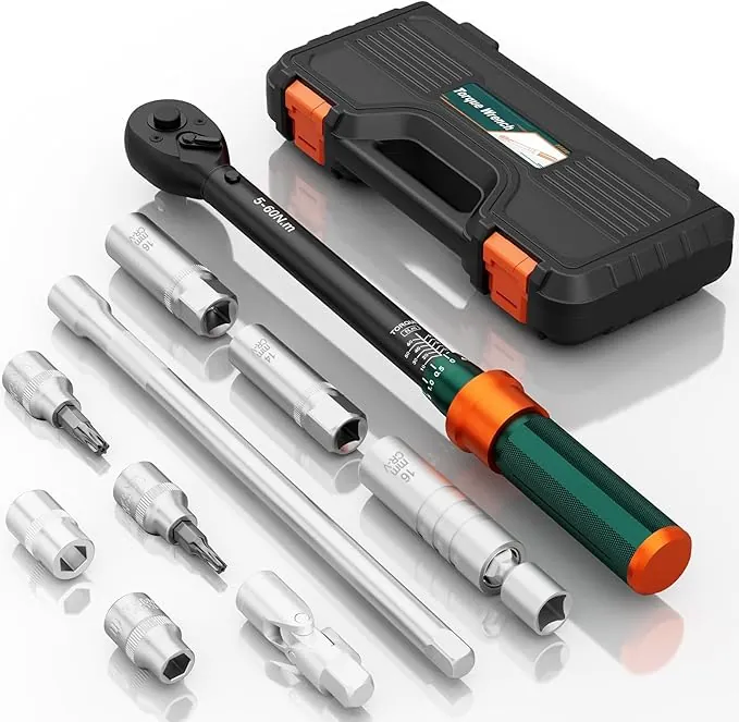 Llave Dinamométrica 3/8, 5-60Nm, Precisión ±3%, 10 Piezas Llave Dinamometrica con Extensión 250mm, Junta Universal, Vasos de Bujía, Bits, para Bicicleta, Moto, Reemplazo de Bujías de Coche