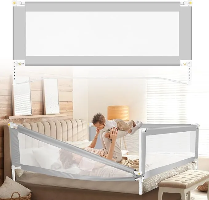 1x150CM+2x180CM Barrera Seguridad Niños Cama, Altura Regulable 68-95cm, Barrera Cama niños con protección contra caídas, Barandilla Cama niño Plegable, Fácil de Montar, Gris