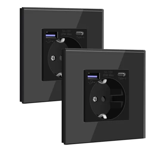 BSEED Enchufe Schuko con USB C 20W 1 Gang 2 Pack, Enchufe de Pared con USB 16A con Placa de Cristal 86 * 86mm, Negro