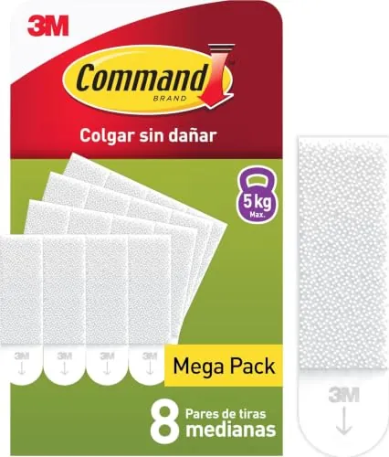 Command Tiras Adhesivas para Colgar Cuadros Medianas, 8 Pares (16 Tiras) Blancas – Para Marcos, Espejos y Adornos – Soporta Hasta 5 kg – Sin Agujeros ni Taladro