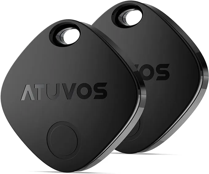ATUVOS Air Tag Smart Tracker 2 Pack Negro, Buscador de Objetos Bluetooth Funciona con Buscar Apple (Sólo iOS, Android no Compatible), Localizador para Llaves, Carteras, Equipaje, Batería Reemplazable