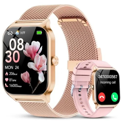 Reloj Inteligente Mujer con Llamadas Bluetooth Asistente IA, Whatsapp Notificaciones,1.85"Smartwatch Mujer con Pulsómetro/SpO2/Estrés/Monitor de Sueño,120+Modos Deportes para iPhone Android(2 Correas)