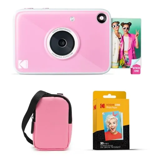 Kodak Printomatic+ Cámara Digital Instantánea 10MP Paquete de Inicio (Rosa) con Funda, LED RGB y Papel Zink 20 Hojas – Rosa