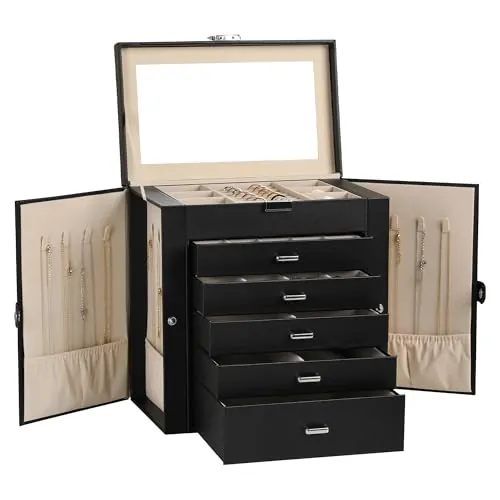 Frebeauty Caja joyas 6 niveles en cuero sintético, cerradura, espejo