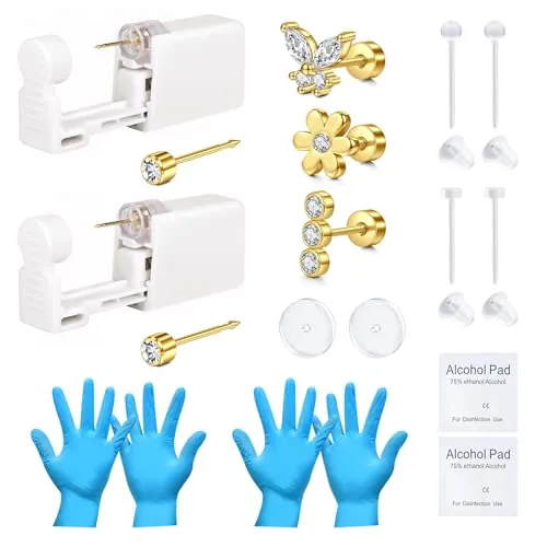 VFUN Pistola de perforación de oreja, kit de perforación desechable sin dolor, fácil de usar, dorado y plateado, kit de pistola de perforación de oreja para negocios, perforación en casa, Acero