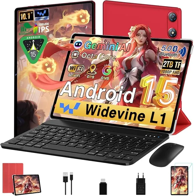 2026 Tablet Android 15 10 Pulgadas Gemini AI, 64GB ROM + 2TB TF, Octa-Core, 5G WiFi, Widevine L1, GMS, Bluetooth 5.0, 5MP + 8MP, 3.5mm Audio, 1280 * 800 FHD IPS, Tablet con Teclado y Ratón,Rojo