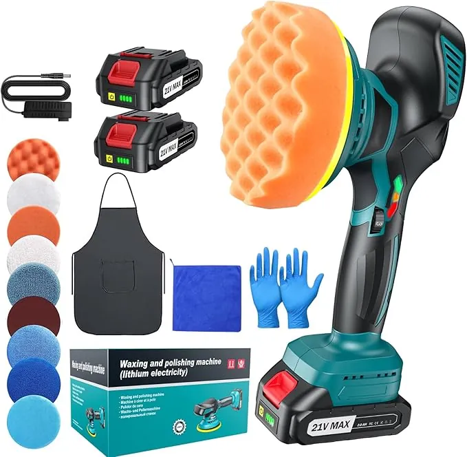 Pulidora Coche Inalámbrica 150 mm Orbital Doble Acción con 2×21V 2000mAh Baterías, Kit 13 Piezas, 6 Velocidades Ajustables 5500RPM, Pulidora Batería para Encerar, Eliminar Arañazos y Renovar Pintura