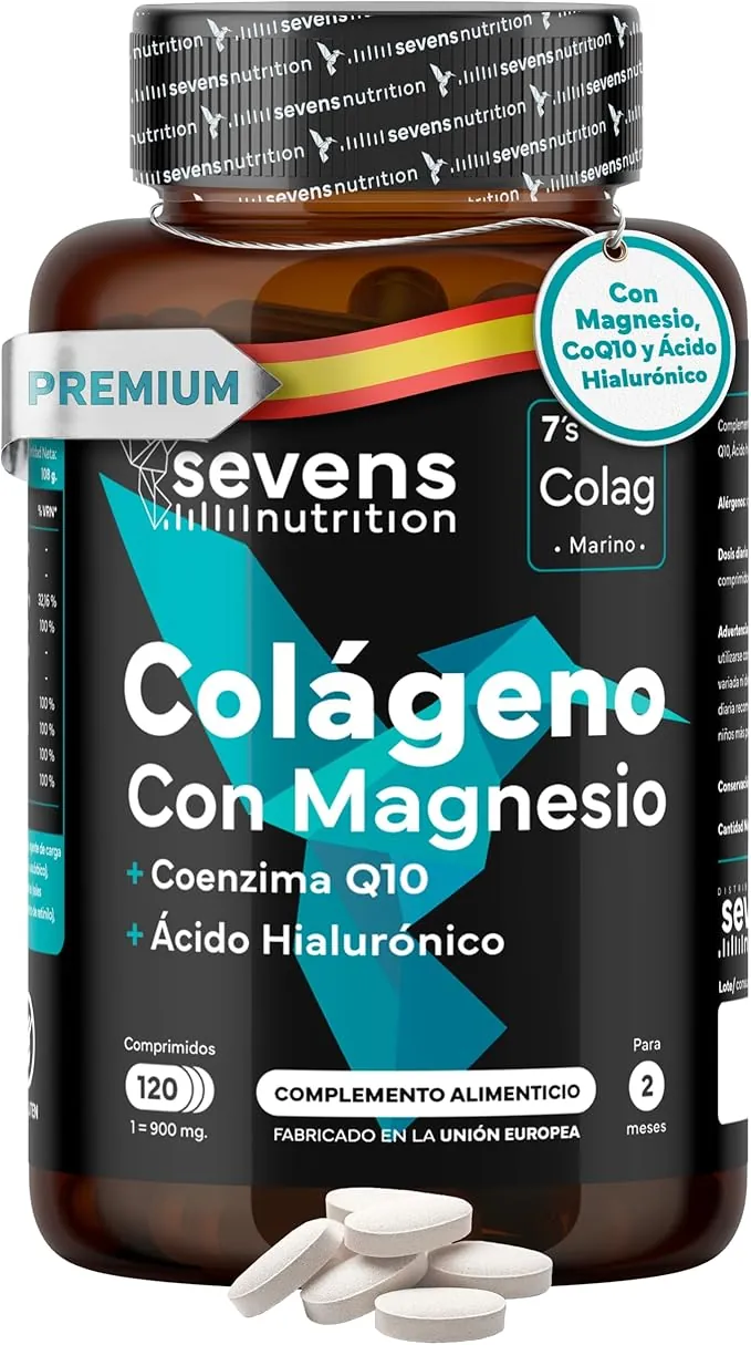 Colágeno Hidrolizado Puro con Magnesio Ácido Hialurónico y Coenzima Q10 - Colageno Marino para Huesos, Articulaciones y Piel - Con Vitaminas A, C, D3, B12 y Zinc - 120 Cápsulas - Sevens