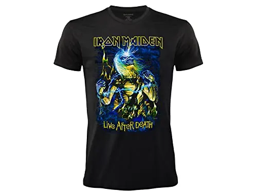 Camiseta Iron Maiden Live After Death. Camiseta Oficial Rock Negra. Banda de Metal Pesado. Algodón. Unisex. Adulto Muchacho. (M)