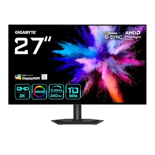GIGABYTE GO27Q24G Monitor Gaming OLED 27” 2K QHD - 2560 x 1440, 240Hz, 0.03ms, 275 CD/m², FreeSync Premium, G-Sync Compatible, HDMI 2.1, DisplayPort 1.4