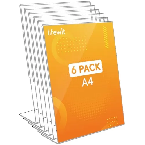 Lifewit 6 Pack A4 Soporte Acrílico para Carteles, Soporte Transparente en Forma de L, Marco de Fotos de plástico, Pantalla de Papel para recepción, Oficina, Restaurante, Hotel, 30 x 21 cm