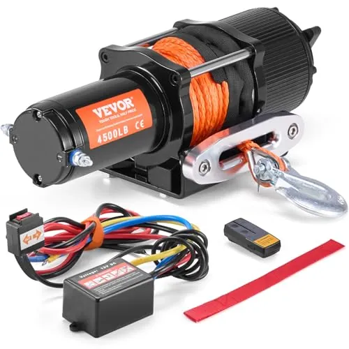 VEVOR Cabrestante Eléctrico ATV UTV Capacidad de Remolque 2041 kg 12 V DC Cuerda Sintética de 12 Hilos Φ0,6x1188,7 cm Control Remoto Inalámbrico y por Cable Impermeable IP55 para Remolque ATV UTV
