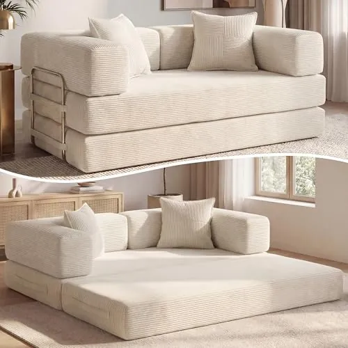Vipbear Sofá Cama Pana 200×100×70 cm, sofá de Suelo transformable 5 en 1, Espuma de Alta Densidad, Apto para Mascotas y ergonómico, sin Montaje, Blanco