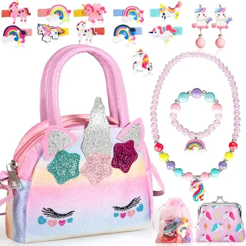 BGIUSQF Unicornios para Niñas, Bolso Unicornio Niña Set, Juegos de Joyas para Niña, Anillos, Pendientes, Collares, Pulseras, Horquillas, Bolso Niñas, Unicornio Regalo 3 4 5 6 Años